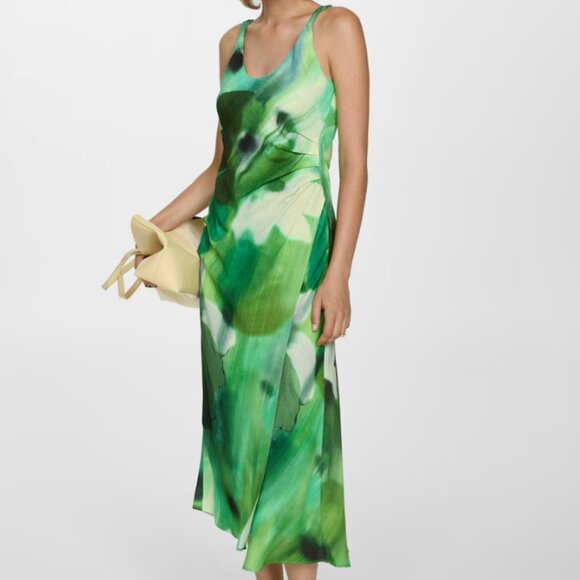 NWT - Mango Green Printed Dress with Draped Detail - Size Large - Picture 1 of 7